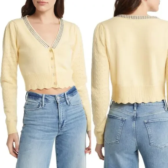 LoveShackFancy Brynner Wool Cashmere Cropped Cardigan Sweater Yellow Medium - Picture 2 of 12